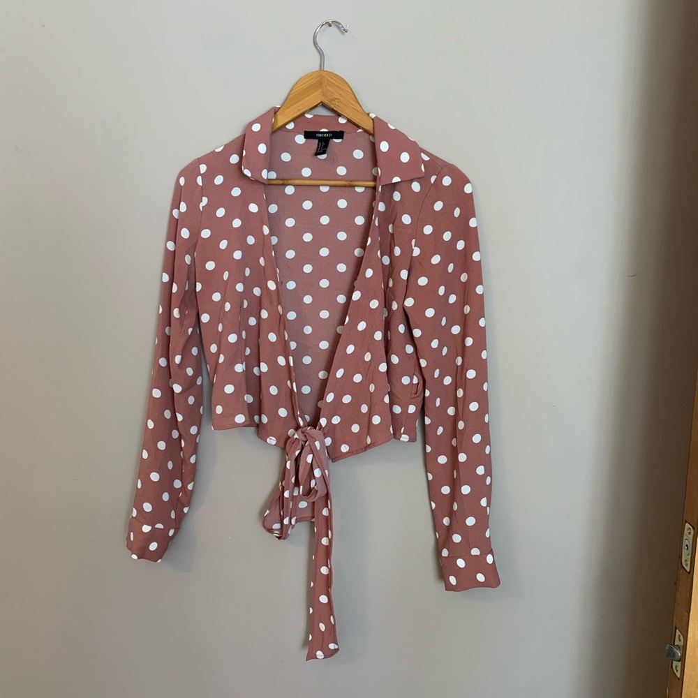 Forever 21 Collar Wrap Tie Polka Dot Pink Top